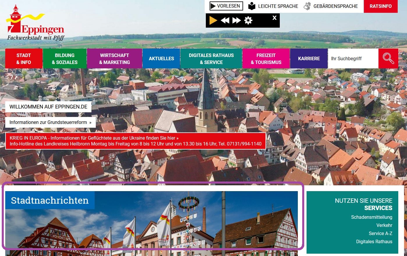 Startseite der Internet-Seite der Stadt Eppingen